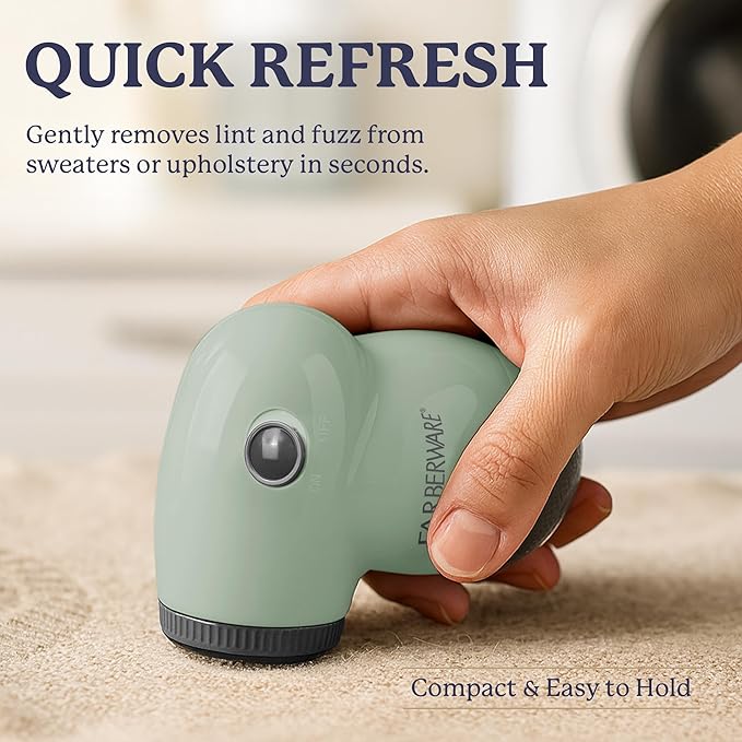 Farberware Lint Remover Fabric Shaver – Battery Operated Lint Shaver with Triple Blades for Clothes, Sweater Shaver to Remove Fuzz, Lint Balls, Pilling for Clothing, Couch, Furniture (Sage, Small)