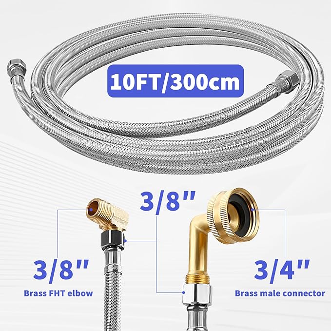 Dishwasher Installation Kit, Braided Stainless Steel Dishwasher Connector, 10 FT Water Supply Line with 3/8 Inch Compression Ends, 3/8 Inch MIP Elbow and 3/4 Inch FHT Elbow, Short Distance Connection