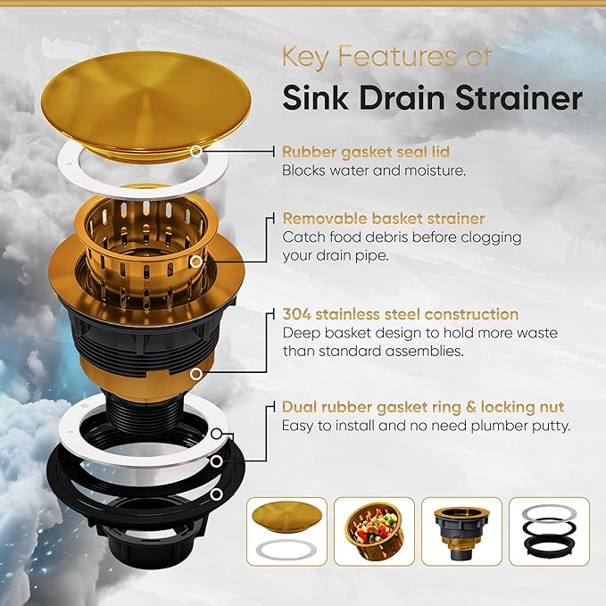 Strictly Sinks Sink Drain Strainer with Removable Basket - 3-1/2 Inch Stainless Steel Round Kitchen Sink Drain Assembly Kit with Deep Strainer Basket & Flat Cover Lid (Gold)
