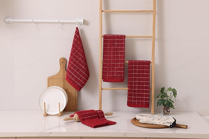Homaxy 100% Cotton Terry Kitchen Towels(Brick Red, 13 x 28 inches), Checkered Designed, Soft and Super Absorbent Dish Towels, 8 Pack