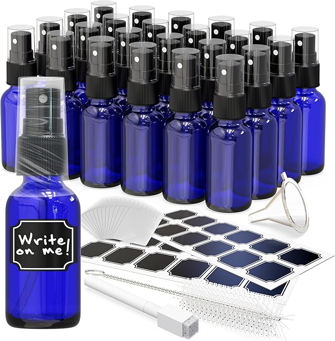 Nevlers 1 Oz Blue Glass Spray Bottles for Cleaning, Refreshment & More | Small Spray Bottle Travel Size 24 Pack w/Shrink Wrap, Funnel, Brush, Marker & Labels | Perfume Travel Refillable Containers