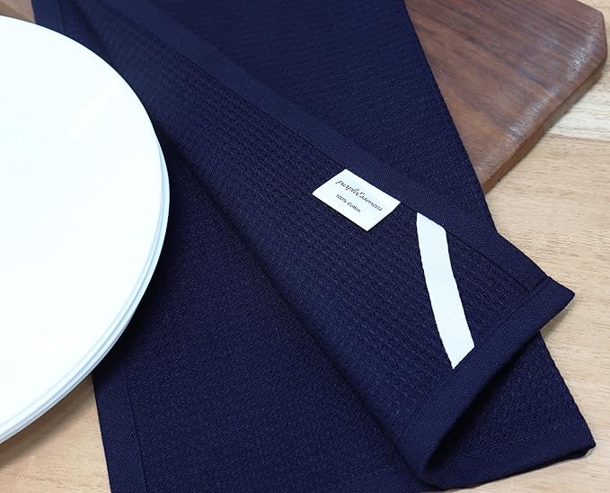 PurpleEssences Waffle Weave Kitchen Towel, 100% Cotton, 15x25 Inches, with Hanging Loop Ultra Soft Absorbent Quick Drying Dish Cloth, Tea and Hand Towels, 4 Pack - Christmas Holiday Winter - Navy Blue