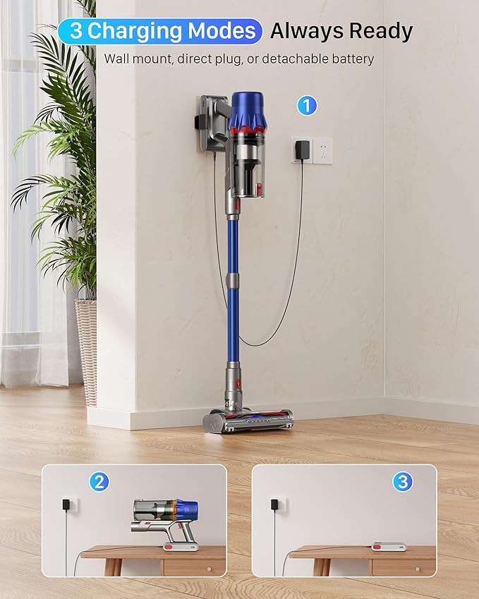 Cordless Vacuum Cleaner - Powerful Stick Vacuum with HEPA Filter, 55-Min Runtime, LED Light, Anti-Tangle Brush, Detachable Battery, Lightweight for Home, Pet Hair, Carpets & Hard Floors
