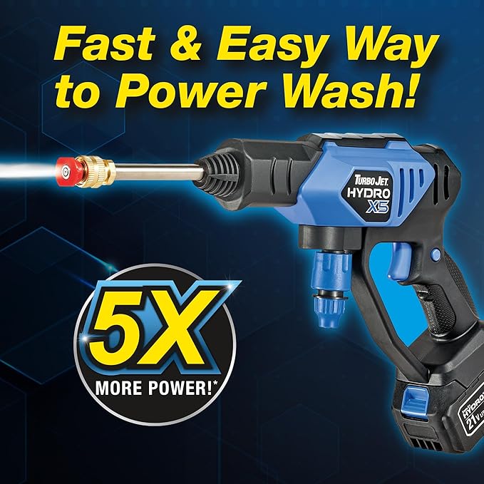 Ontel Turbo Jet HydroX5 Pro Portable Cordless Pressure Washer (21V 3000mAh Battery), 6-in-1 Nozzle, Dual Water Source, 16ft Detachable Hose