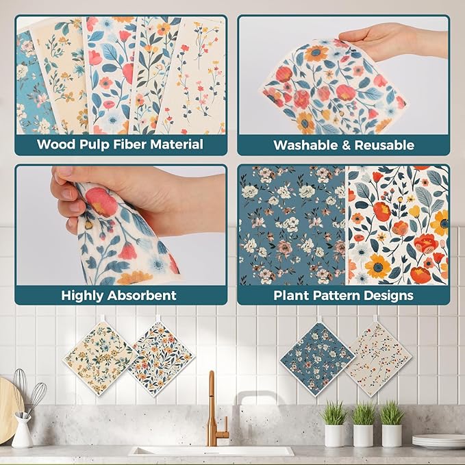 Swedish Dishcloths, 10PCS Reusable Soft Kitchen Towels Dish Cloths Set with Clips, Non-Scratch Dish Rags for Washing Dishes, Washable Swedish Dish Cloths for Kitchen, No Odor(Plant)