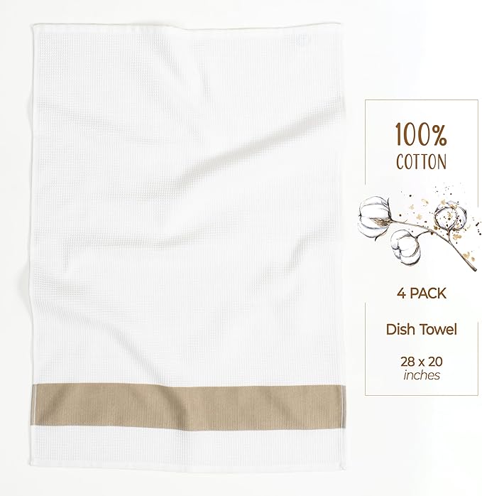 American Soft Linen Dish Towels, 100% Cotton Dish Cloths for Kitchen, 4 Packed Soft Absorbent Quick Dry Kitchen Towels, Beige