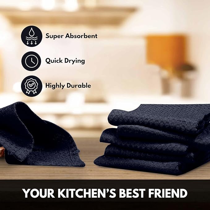 Navy Waffle Kitchen Dish Towels, 100% Cotton, Quick Dry, Super Absorbent, Soft, Lint-Free, 16x26 Inches - Ideal for Dish Drying, Tea, Cleaning, and Everyday Use, 4 Pack, Navy Blue