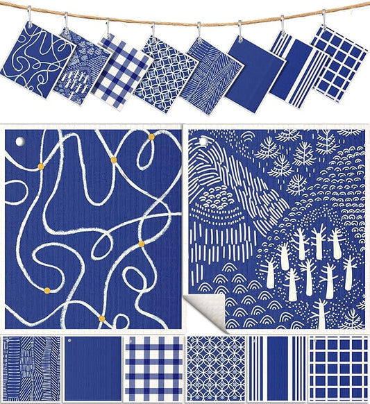 8 Pack Reusable Kitchen Swedish Dishcloths for Washing Dishes Cloths Absorbent Fast Drying Cleaning Sponge Cute Decorate Washable Swedish Towels, Blue Line