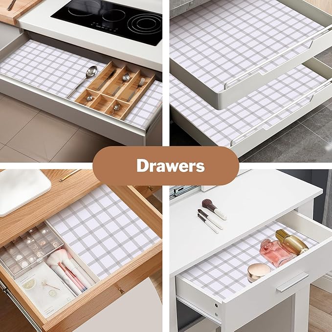Shelf Liners for Kitchen Cabinets 17in x 30FT, Non Adhesive Drawer Liner White Square Thickened Shelf Liner Non-Slip Easy to Clean for Tool Box Refrigerator with Knife and Tape Measure