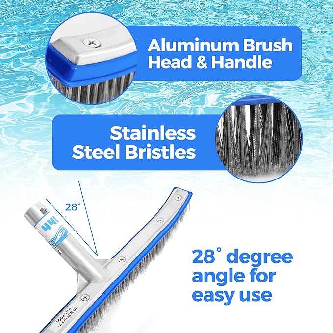 440 Heavy Duty Pool Brush - 18-inch Extra-Wide Metal Brush Head with Stainless Steel Wire Bristles & Curved Edges for Cleaning Pool Tiles, Walls, Floor, Steps (Stainless Steel)