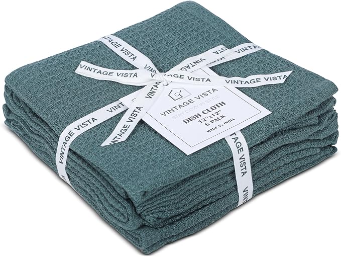 Vintage Vista 100% Cotton Waffle Dish Cloths (Pack of 6) - Dish Rags for Washing Dishes - Reusable & Highly Absorbent Kitchen Towels - Kitchen Rags for Christmas - (12" x 12" - Dark Green)