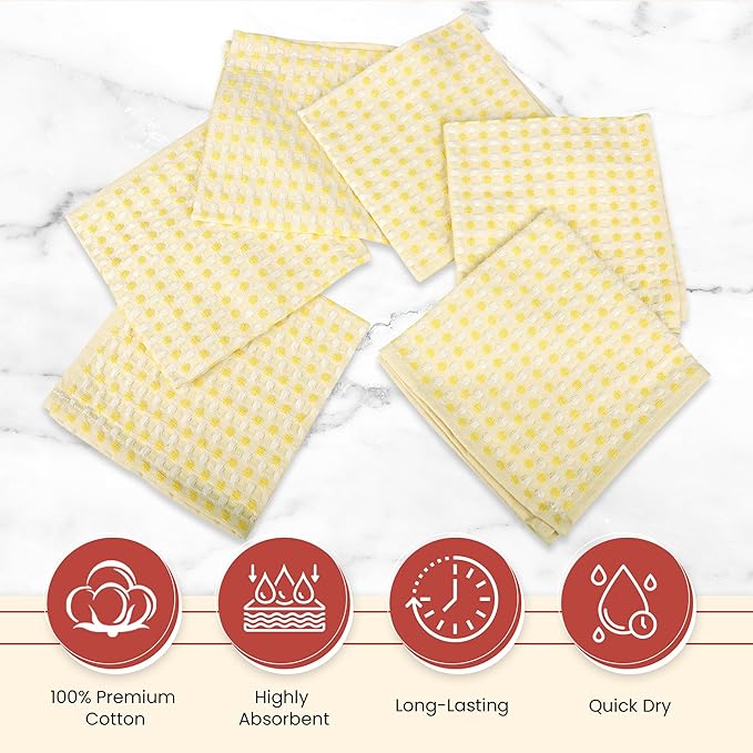 Vintage Vista 100% Cotton Dish Cloths (Pack of 6) - Dish Rags for Washing Dishes - Reusable & Highly Absorbent Kitchen Towels - Kitchen Rags for Christmas - (12" x 12" - Lemon Yellow Honeycomb)