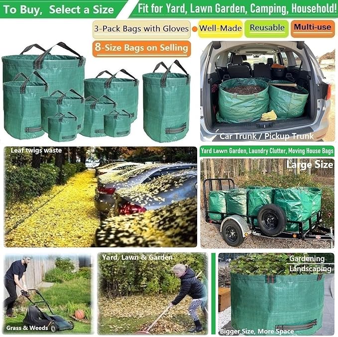 Professional 3-Pack 137 Gallon Lawn Garden Bags (D34,H34 inch) Big Yard Waste Bags with Gardening Gloves,Extra Large Reusable Leaf Bag,Grass Clippings Bag,Leaf Container,Yard Trash Container 4 Handles