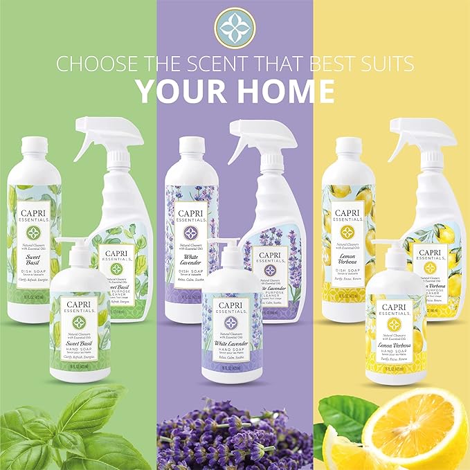CAPRI ESSENTIALS Dish Soap Liquid, Natural Household Cleaning Supplies, Plant Based Aromatic Dish Detergent, Blend of Essential Oils with Tea Tree, Rosemary & Cedarwood, Lemon Verbena, 16 FL Oz