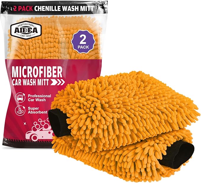 AIDEA Car Wash Mitt Microfiber, 2PK Scratch Free Lint-Free, Premium Chenille Microfiber Mitt Car Wash Brush, Orange, Regular Size 7.12''X10.14''