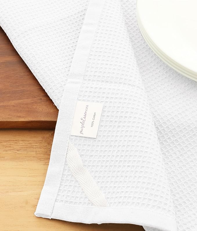 PurpleEssences Waffle Weave Kitchen Towel, 100% Cotton - 15 x 25 Inches, with Hanging Loop Ultra Soft Absorbent Quick Drying Dish Cloth, Tea and Hand Towels, 6 Pack - Fall Thanksgiving - White