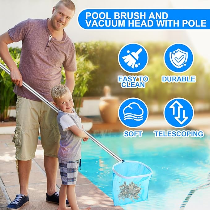Tioncy 5 Pcs Pool Vacuum Cleaning Kit Includes Round Corner Pool Vacuum, 2 Skimmer Nets with 47" Adjustable Pole and 1 Brush for Above Ground Ponds Hot Tub Spa Wall Floor Cleaning Maintenance