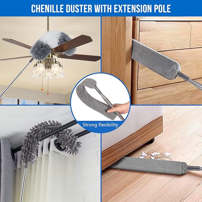 Microfiber Feather Duster Kit with Extension Pole (30–100") – Bendable Washable Heads, Extendable Dusters for Cleaning Ceiling Fan, High Ceiling, Blinds, Furniture & Cars (5 Pcs)