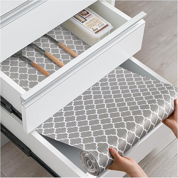 Drawer and Shelf Liner, Non-Slip Kitchen Cabinet Liners Non-Adhesive Thick Strong Grip Waterproof Washable Mats Protect Dresser Shelves Cupboard Bathroom Cabinets, Gray, 18 in X 30 FT