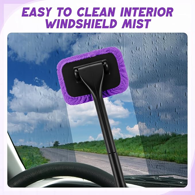 8 Pcs Car Windshield Cleaner Tool Kit with Removable Handle, Microfiber Towel Pads, Brush, Empty Spray Bottle for Auto Glass Wiper Suvs Rvs & Home Windows(Purple)