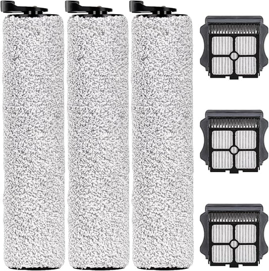 (6 Pack) Floor One S3 Replacement Brush Rollers and HEPA Filters for Tineco Floor One S3, iFloor 3 Cordless Wet Dry Vacuum Cleaner, 3 Brush Rollers, 3 HEPA Filters, Accessories Kit