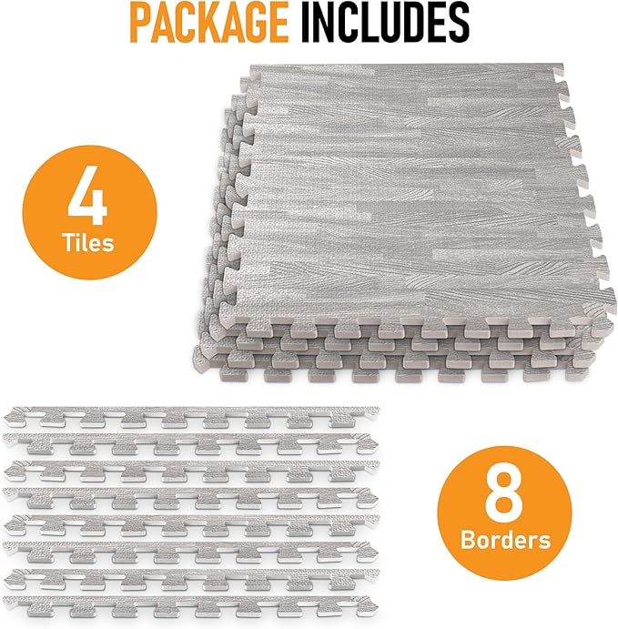 HomeCube USA 3/8 Inch Thick Interlocking Wood Grain Foam Floor Tiles for Home, Office, Workout Equipment Space, Commercial Areas, Anti-Fatigue Flooring Padding 24x24 in., Grey, 16 SQ Ft - 4 Tiles