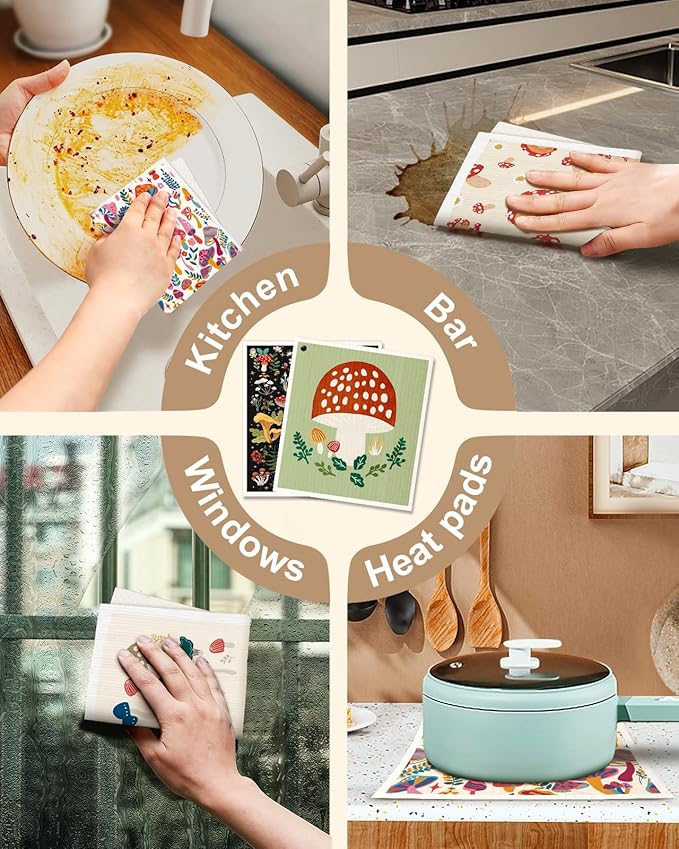 Swedish Dishcloths for Kitchen with Hooks - Reusable Dish Cloths for Washing Dishes Fast Drying Cute Fun 5 Pack Swedish Dish Towels Washable Cleaning Sponge, Swamm Series