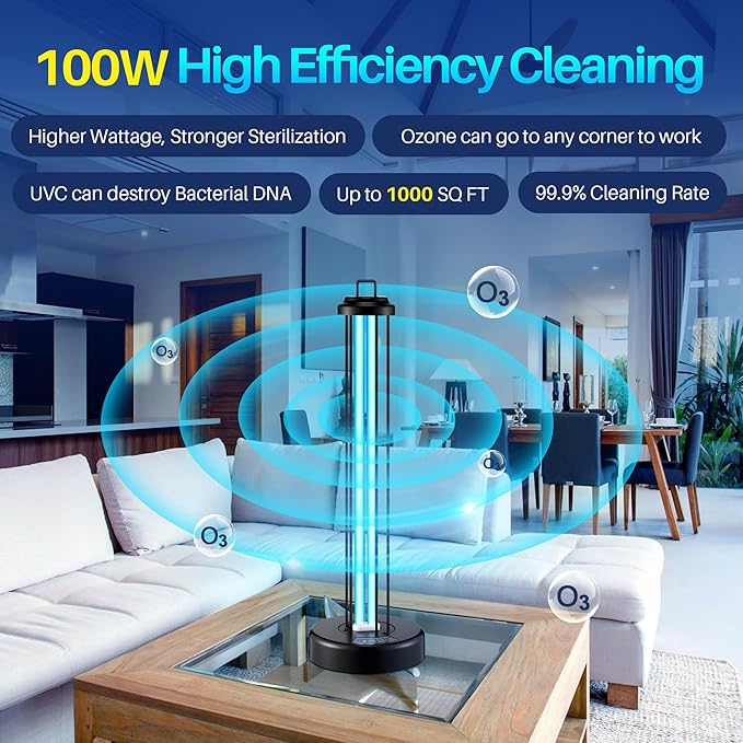 Qualirey 100W UV Light Sanitizer with Ozone Purifier for Room, UV Lamp with 3 Gear Timer Remote Control, Home Disinfection Device for Large Space, Disinfection Faster and More Thoroughly