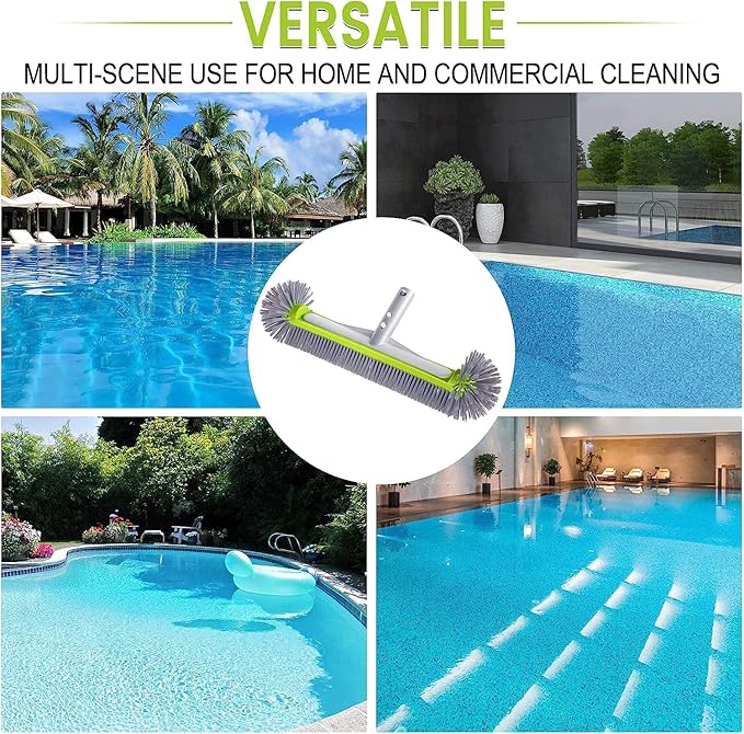 Professional Swimming Pool Brush Head with Round Ends,17.5" Heavy Duty Aluminum Back for Cleaning Pool Walls, 7 Rows Premium Nylon Bristles with EZ Clips (Green Grey)