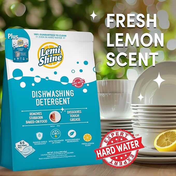 Lemi Shine Natural Dishwasher Detergent Pods with Dishwasher Cleaner Pouch - Eco Friendly Cleaning Supplies - 31.8 oz (65 Count)