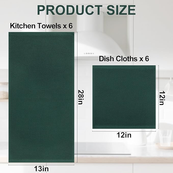 Homaxy 100% Cotton Kitchen Towels and Dishcloths Set, 12 x 12 Inches and 13 x 28 Inches, Set of 12 Bulk Kitchen Towels Set, Ultra Soft Absorbent Dish Cloths for Washing Dishes, Blackish Green