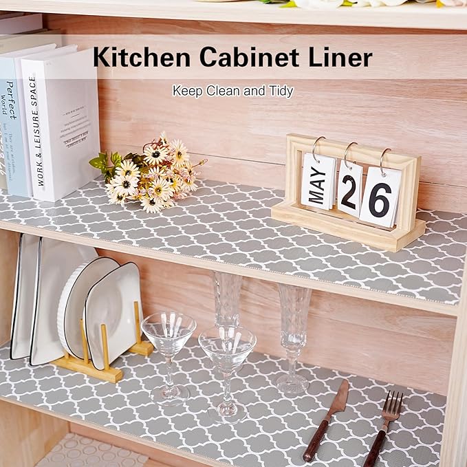 Drawer and Shelf Liner for Kitchen Cabinet,Non-Adhesive Cabinet Liner 24in x 10FT,Waterproof Shelf Paper Non-Slip Mats Cupboard Liner Contact Protect Dresser/Shelves/Table-Square Stripes