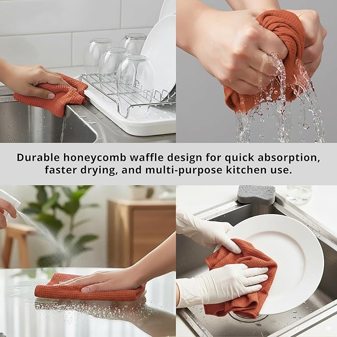 PurpleEssences Dish Cloths and Dish Rags - 8 Pack Waffle Weave Solid Kitchen Dish Wash Cloths, 100% Cotton, 12 x 12 Inches, Ultra Soft Absorbent Quick Drying - Christmas Holiday Winter - Rust
