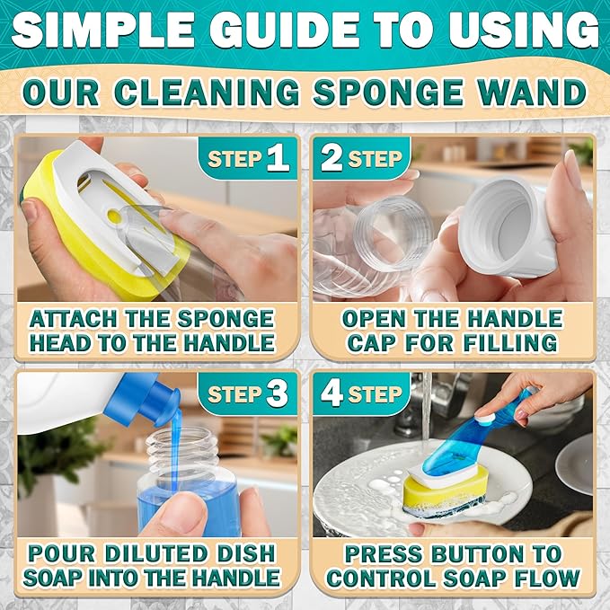 Dish Wand with Soap Dispenser - Dish Sponge with Handle for Quick Dishwashing, High-Density Non-Scratch Cellulose Head, 7 Sponge Refills Included - Leak-Proof Design for Clean & Easy Soap Control