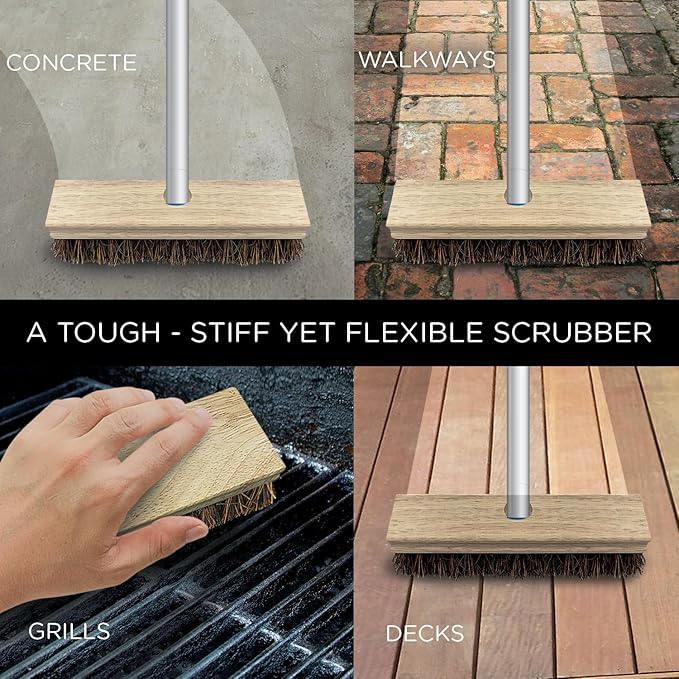 LOLA Deck Scrub Brush, 9" x 3.5" Head w/Palmyra Bristles for Outdoor Cleaning, Removes Dirt & Grime from Patios, Decks, Grout, 1 Pack