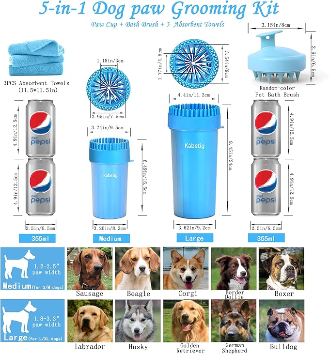 Dog Paw Cleaner Kit - Blue, for L/XL Dogs, Quick Clean No Full Bath, 5-in-1 Bath Grooming Kit, Exclusive Cup-Mounted Brush Head, Grip Silicone Brush, 3 Absorbent Towels, Fits Lab