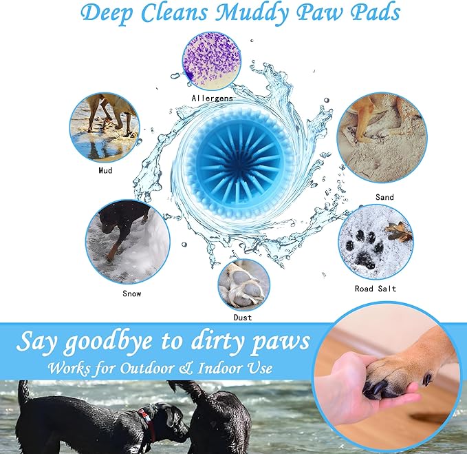 Dog Paw Cleaner Kit - Blue, for L/XL Dogs, Quick Clean No Full Bath, 5-in-1 Bath Grooming Kit, Exclusive Cup-Mounted Brush Head, Grip Silicone Brush, 3 Absorbent Towels, Fits Lab