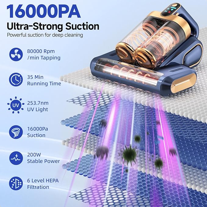 Cordless Mattress Vacuum Cleaner,16Kpa Bed Vacuum with 253.7nm UV-C Light,HEPA Filter & Ultrasonic Tech,Portable Handheld Vacuum for Couch,Sofa & Pet