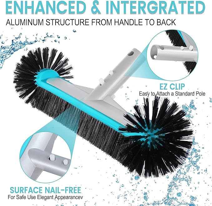Swimming Pool Brush Head with Round Ends,17.5" Heavy Duty Aluminum Back Head for Cleans Walls, Tiles & Floors, 7 Rows Premium Nylon Bristles with EZ Clips (Blue Black)