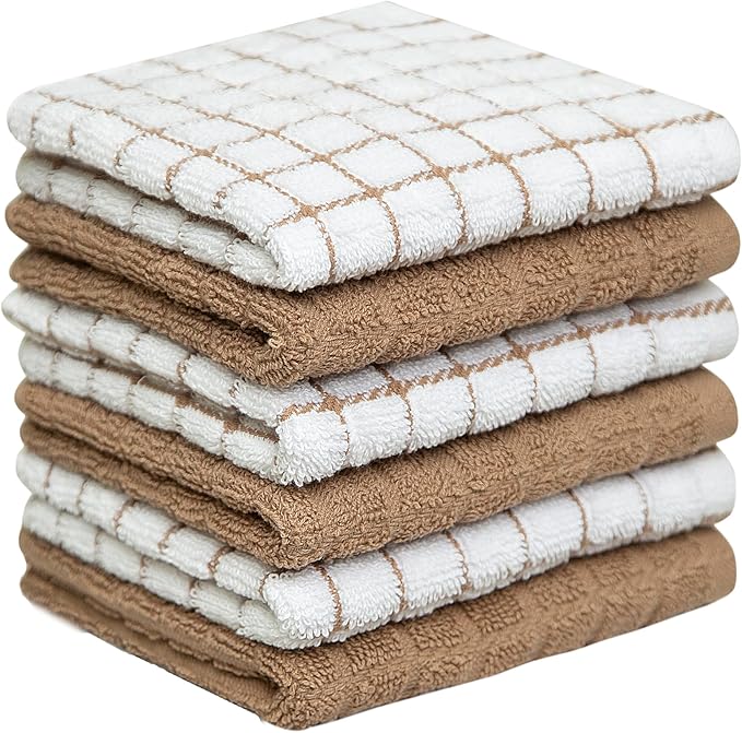 Bumble Premium Cotton Dish Cloths 12" x 12"| Tan Design | 405 GSM | Highly Absorbent & Soft Dish Towels | 100% Natural Ring Spun Cotton Kitchen Towel Set - 6 Pack