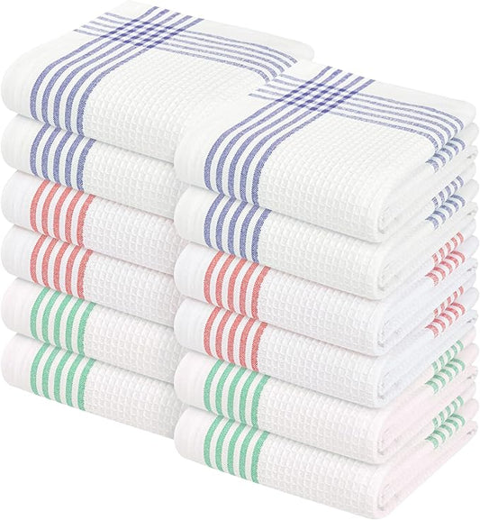 Waffle White & Multi Colors Kitchen Towels Set of 12, 100% Cotton, 16x26 inches, Durable Dish Towel, Quick Dry Dishcloths, Ideal for Drying, Wiping - Indigo Blue, Red, Dark Green