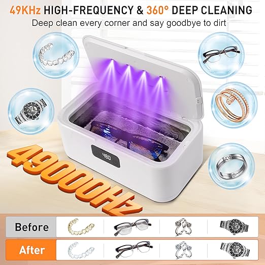 snawowo Ultrasonic Jewelry Cleaner Machine- 28oz/800ml 49KHz Professional Retainer Cleaner |5 Timers LED Display |304 Stainless Steel Tank for Jewelry, Dentures, Retainers, Glasses, Rings, Watch Strap