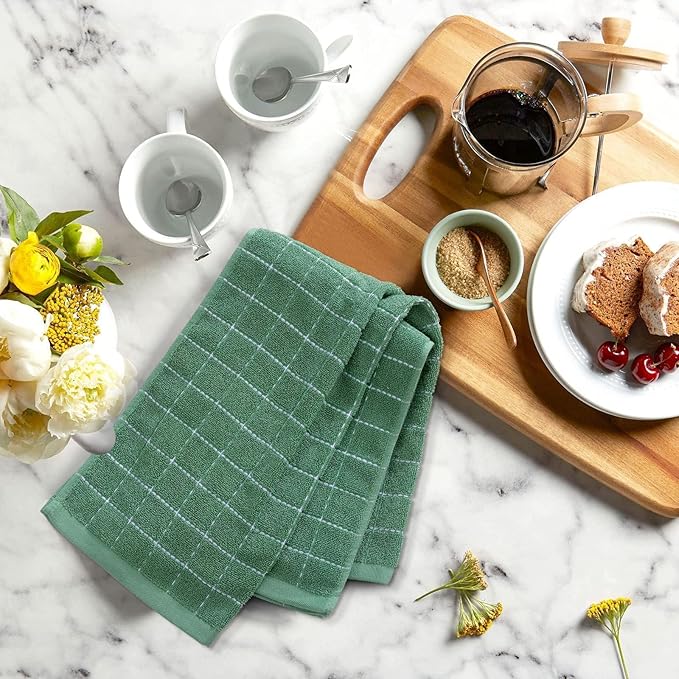 Mordimy 100% Cotton Terry Cloth Kitchen Towels, Super Soft and Absorbent Dish Towels for Drying, Checkered Designed Hand Towels for Kitchen, 16 x 26 Inches, 6 Pack, Grass Green