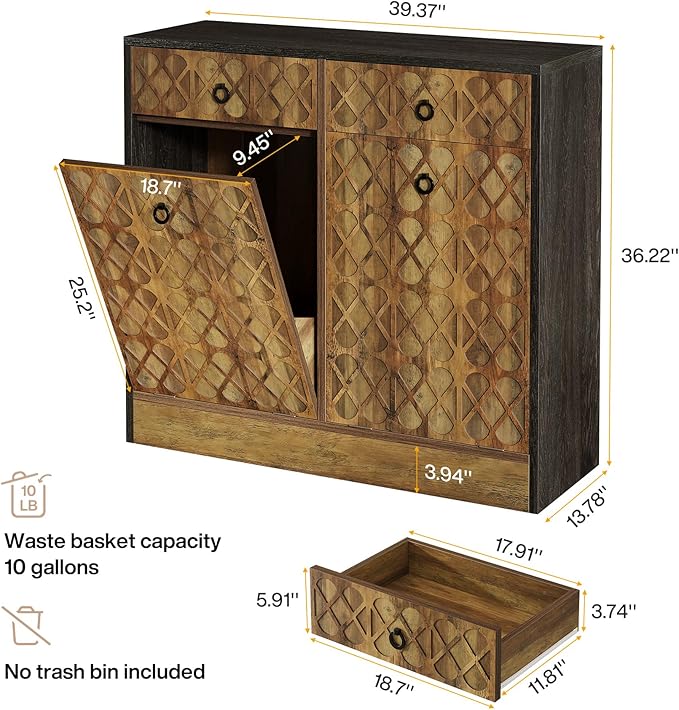 Tribesigns Double Tilt Out Trash Can Cabinet, 20 Gallon Wooden Free Standing Laundry Sorter Cabinet with 2 Drawers, Wooden Hidden Garbage Cabine with Geometric Relief Design for Kitchen, Bathroom