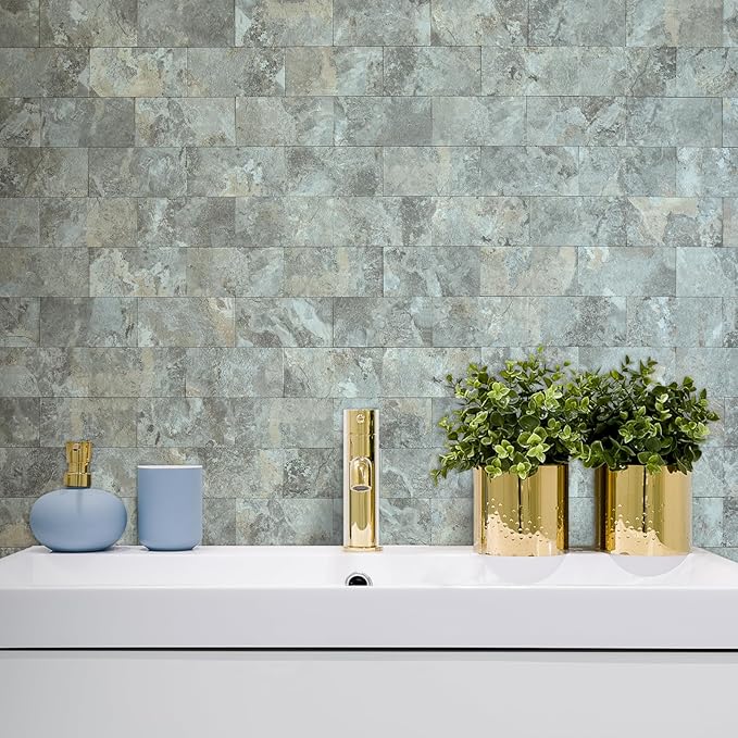AULIGET 4-Piece Faux Stone Peel and Stick Backsplash Wall Tiles, 3" x 6" Grey & Brown Slate PVC Stick on Tile for Backsplash Kitchen, Bathroom, Laundry Room, Camper, Fireplace