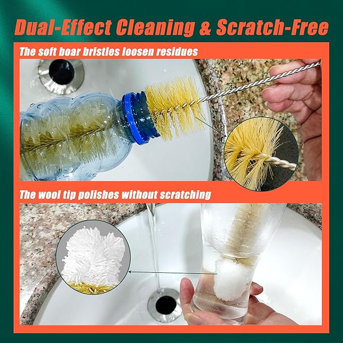 9-Pack Thin Long Handle Bottle Brushes, Stainless Steel Wire Cleaners with Boar Bristle & Wool Tip, Flexible Narrow Neck Cleaner for Wine Bottles, Tubes, Straws, Pipe, Hose & Decanter