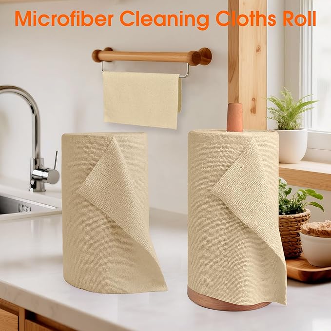 Microfiber Cleaning Cloth Roll - 100 Pack Tear Away Microfiber Paper Towels, Reusable, Washable, Scratch-Free, Kitchen Towels for Car, Home, Kitchen, Glass, Dishes (Wheat Beige)