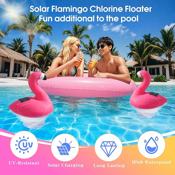 Blufree Pool Chlorine Floater, Solar Flamingo Chlorine Tablet Floater w/Adjustable Release, Glow in The Dark Large Capacity Floating Chlorines Dispenser for Pool Hot Tub Spa