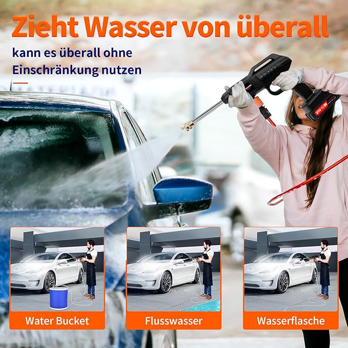Battery Pressure Washer,1500w Cordless Portable Pressure Washer, 60Bar/870 PSI Portable car Washer with 2 Battery, 2 Nozzles, 5m Hose Cordless Jet Washers, for Cars, Floors, Gardens