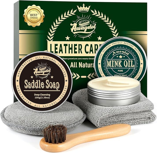 Leather Boot Care Kit - Mink Oil,Saddle Soap,Horsehair Brushes,Applicator & Microfiber Cloth,Flannel bag,Leather Work Boots Cleaning,Shoe boot Shine Cleaning Kit Gift for Cowboy Husband Dad